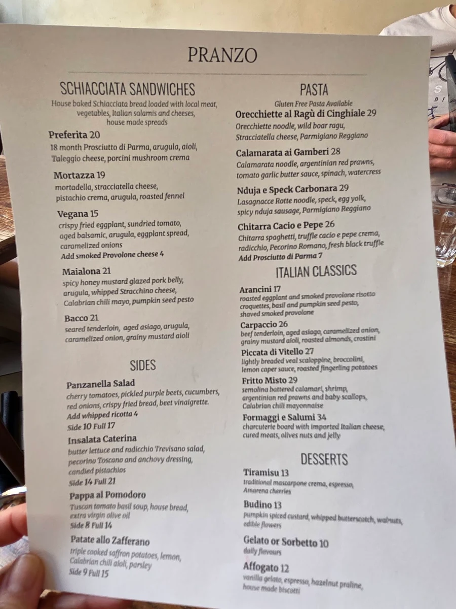 Menu, Fiorino, Italian Street Food Chinatown Vancouver