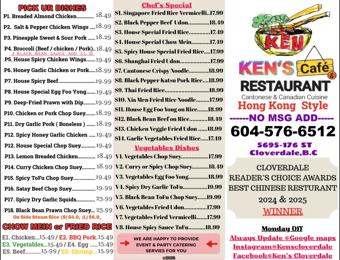 Menu, Ken's Cafe & Restaurant