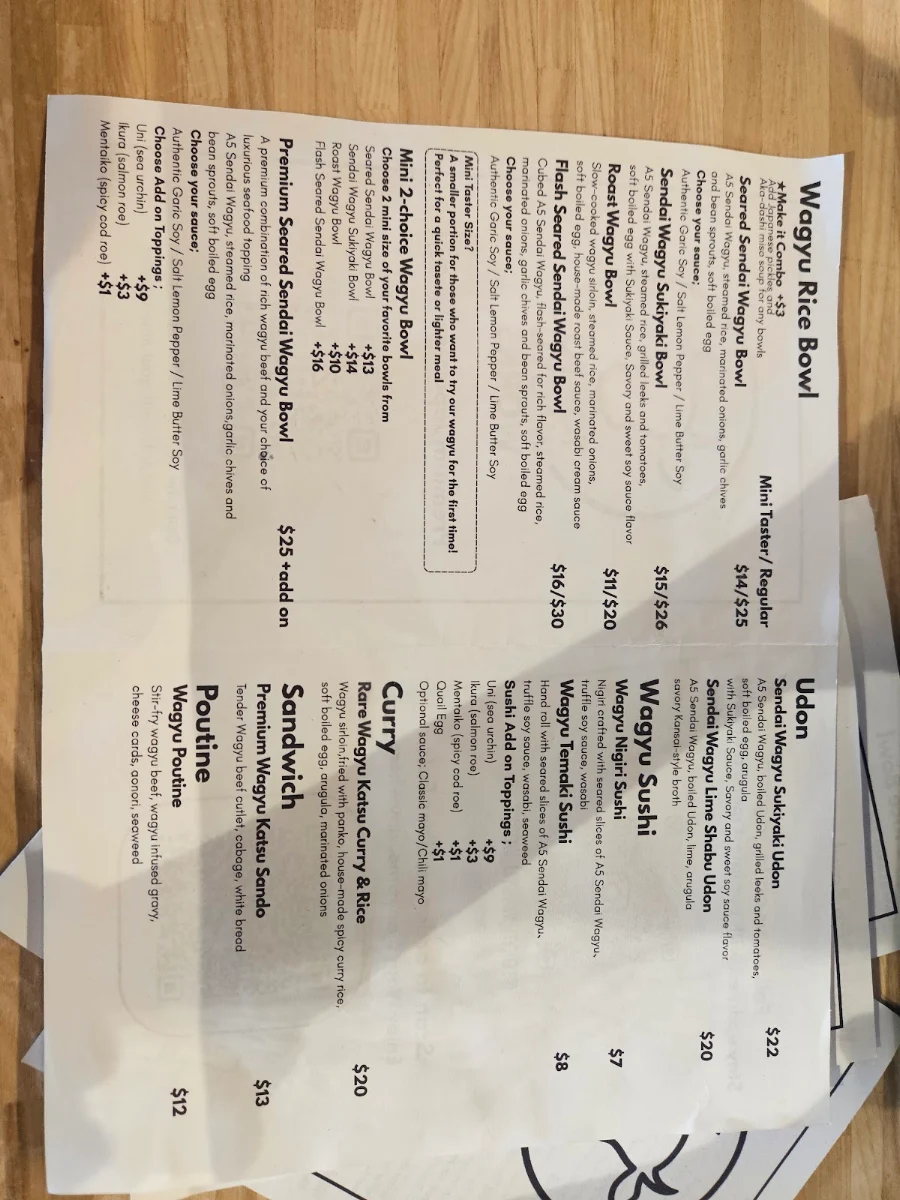 Menu, Tokyo Wagyu Works