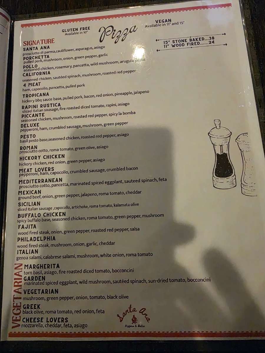 Menu, Santa Ana Pizzeria & Bistro