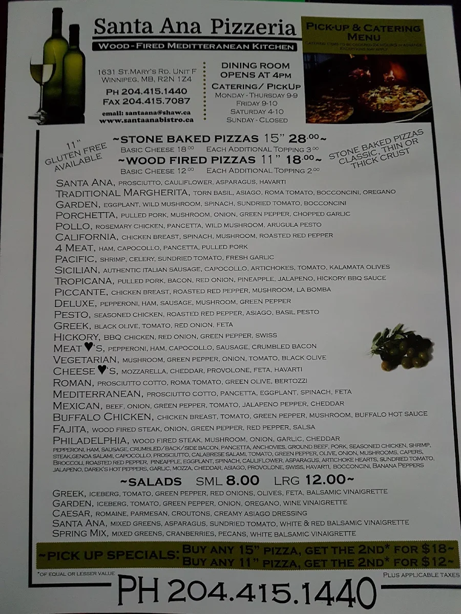 Menu, Santa Ana Pizzeria & Bistro