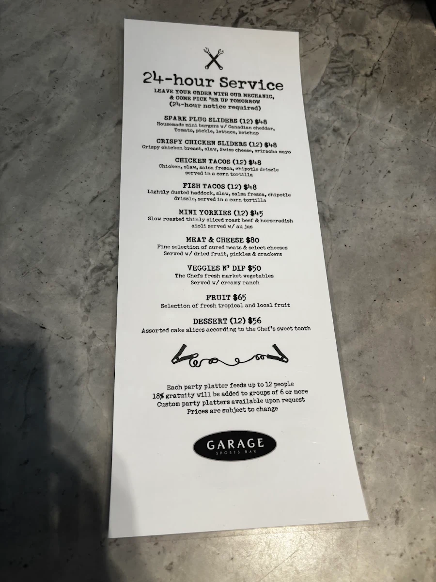 Menu, Garage Sports Bar