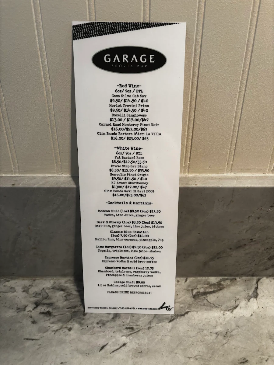 Menu, Garage Sports Bar