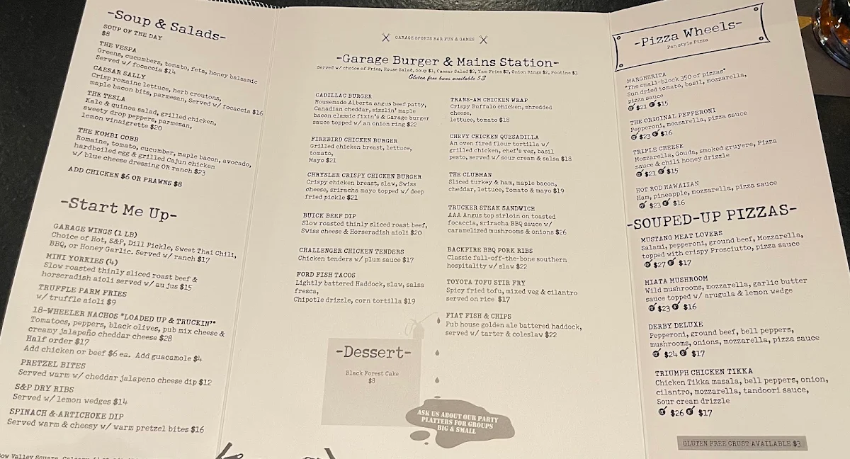 Menu, Garage Sports Bar