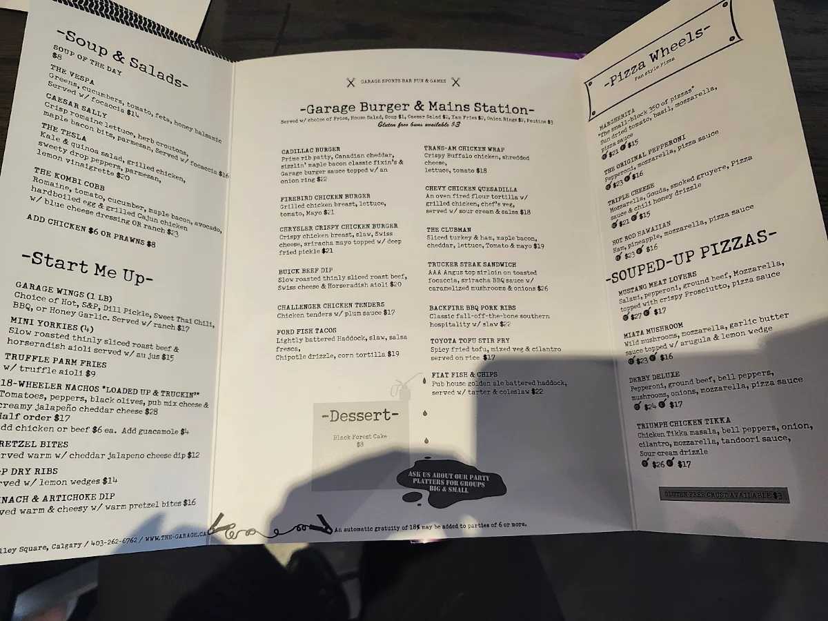 Menu, Garage Sports Bar