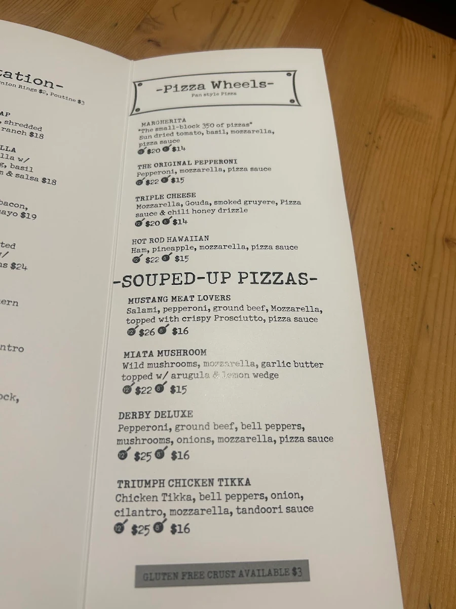 Menu, Garage Sports Bar