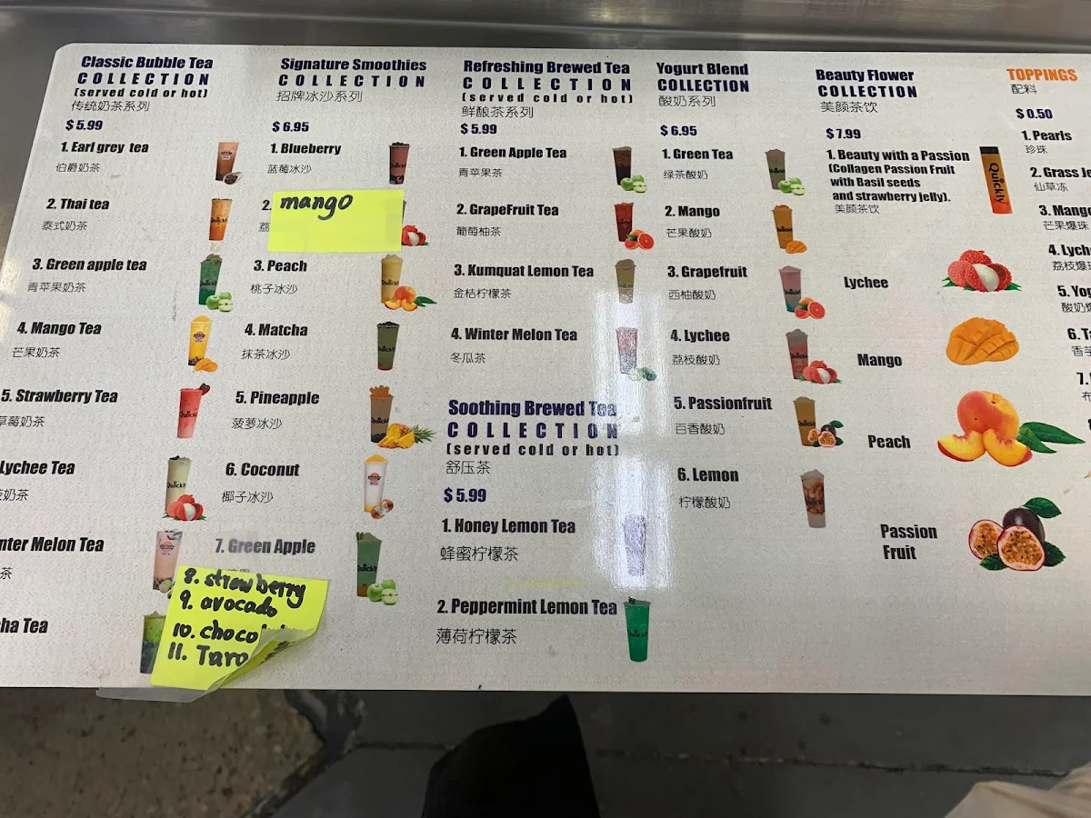 Menu, Quickly Bubble Tea 127ST