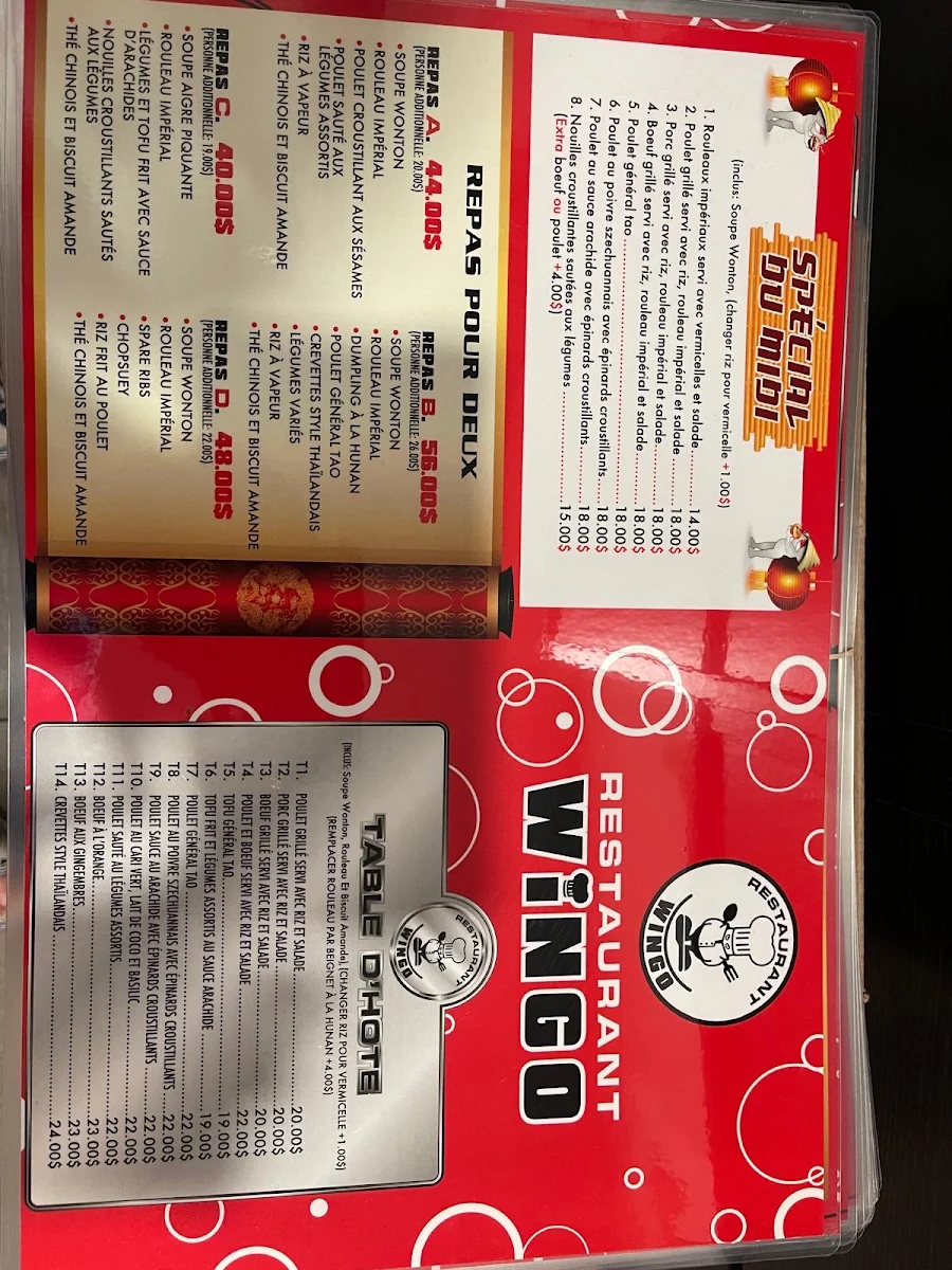 Menu, Restaurant Wingo (St-Jean)