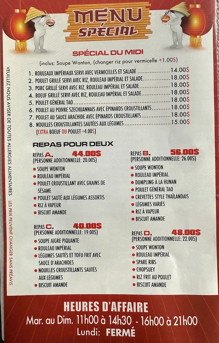 Menu, Restaurant Wingo (St-Jean)