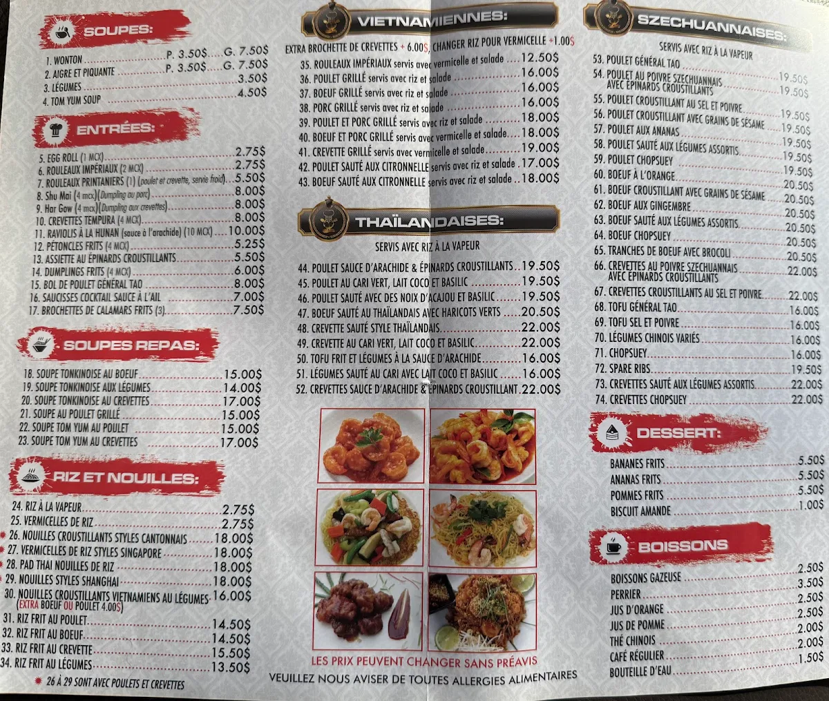 Menu, Restaurant Wingo (St-Jean)