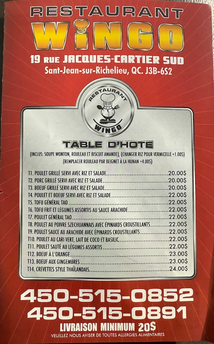 Menu, Restaurant Wingo (St-Jean)