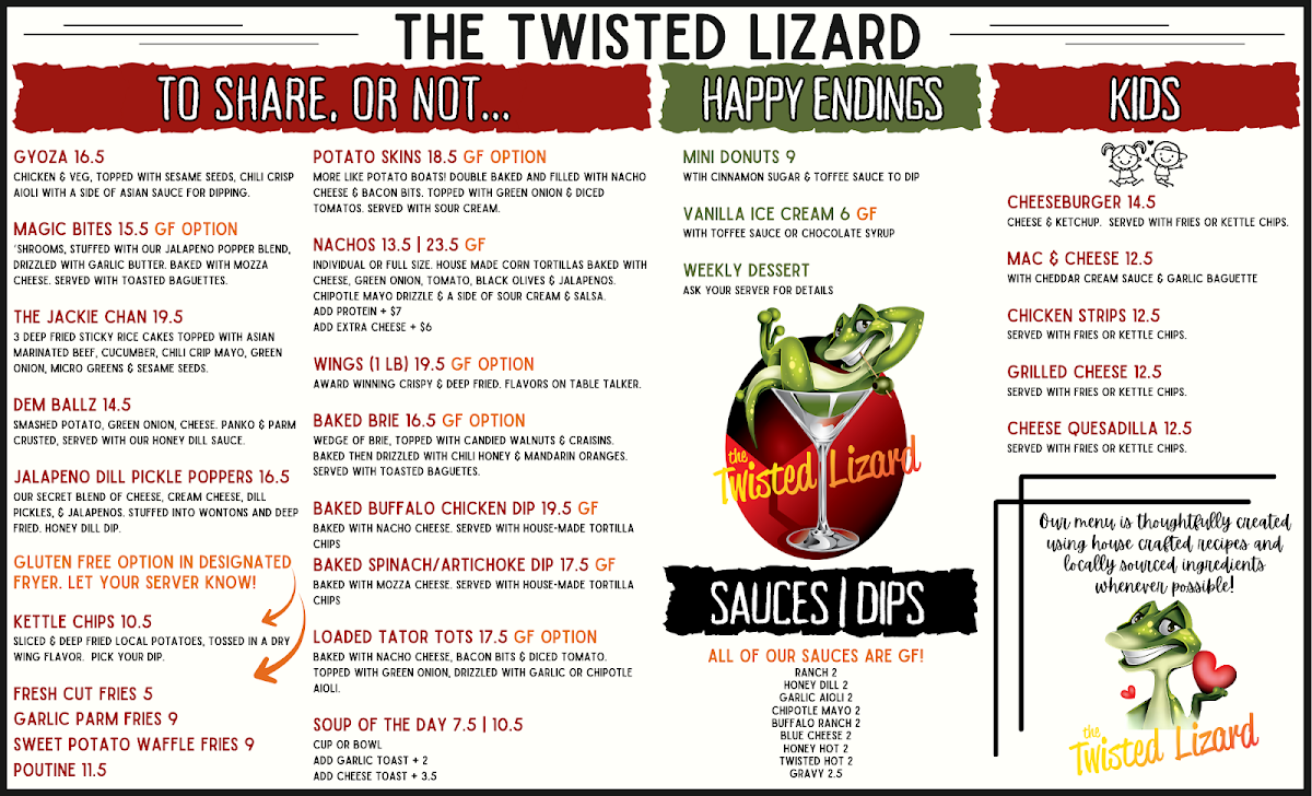 Menu, The Twisted Lizard
