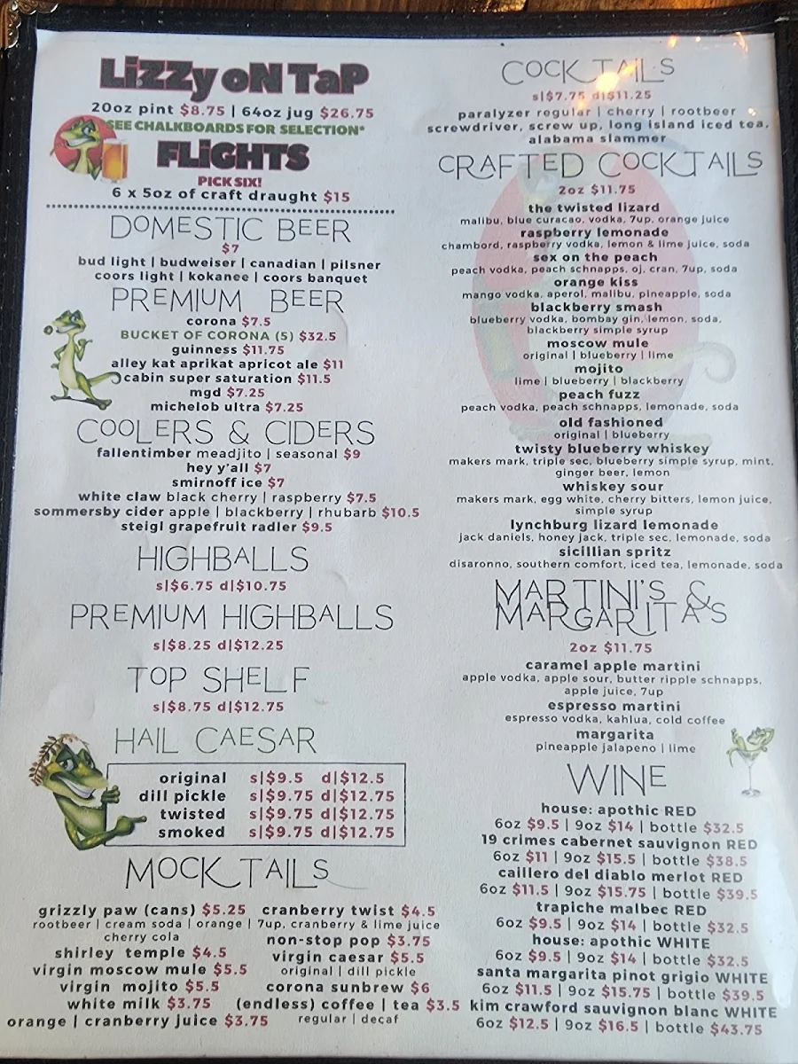 Menu, The Twisted Lizard