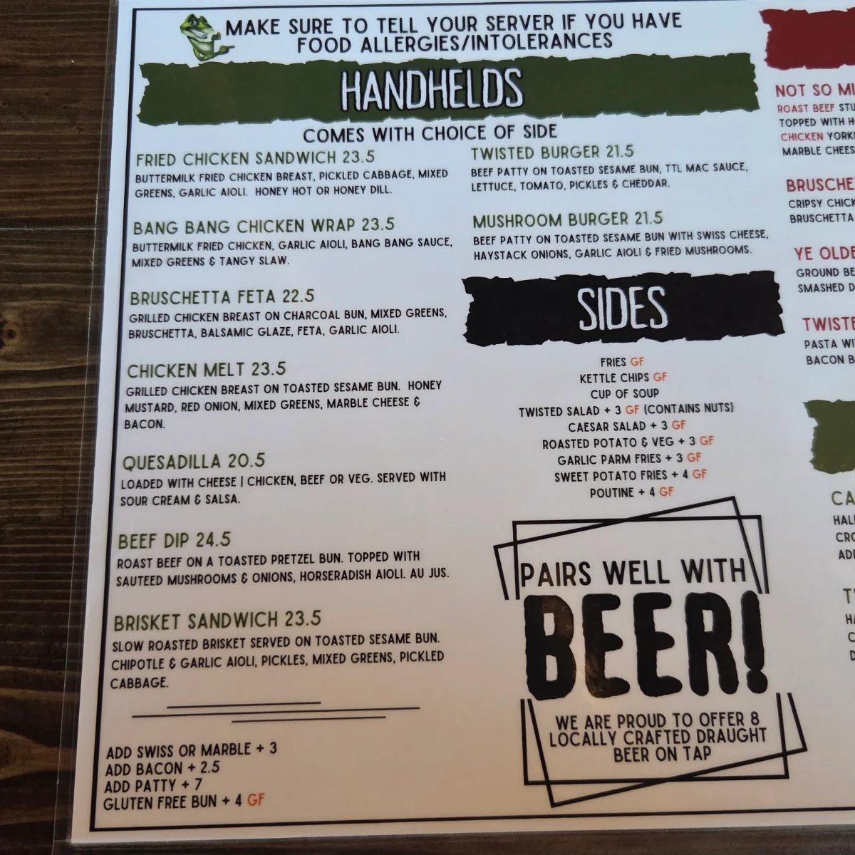 Menu, The Twisted Lizard