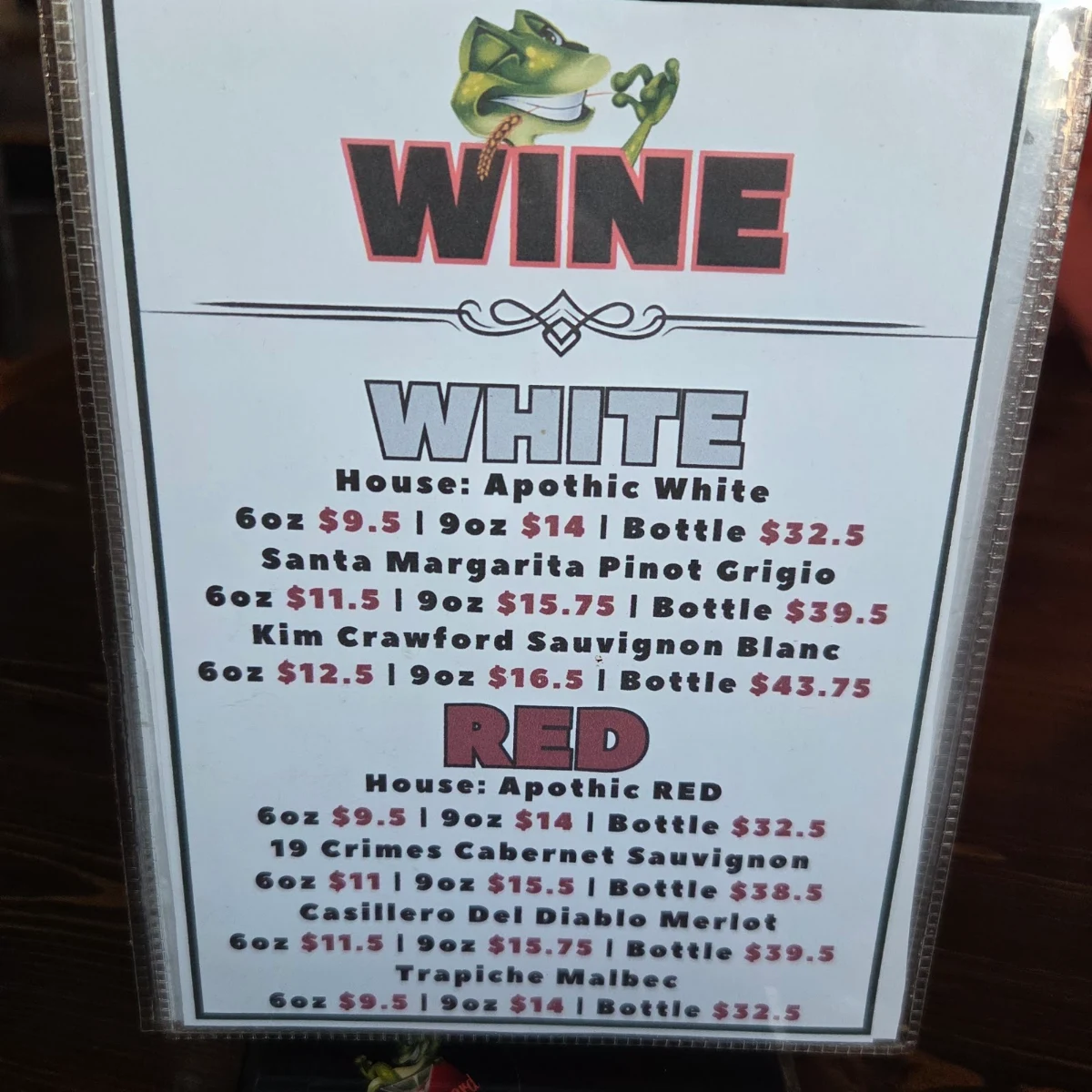 Menu, The Twisted Lizard