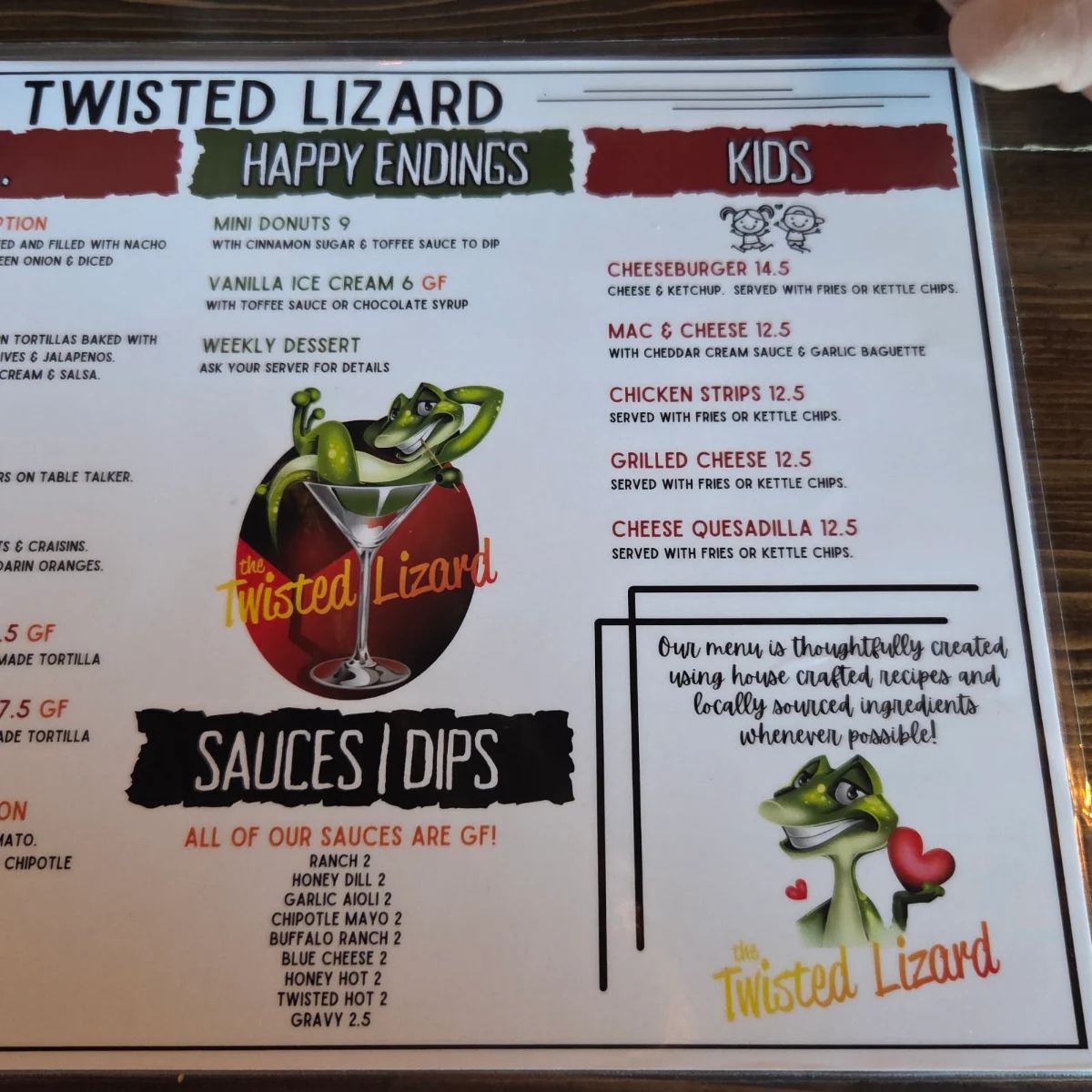 Menu, The Twisted Lizard