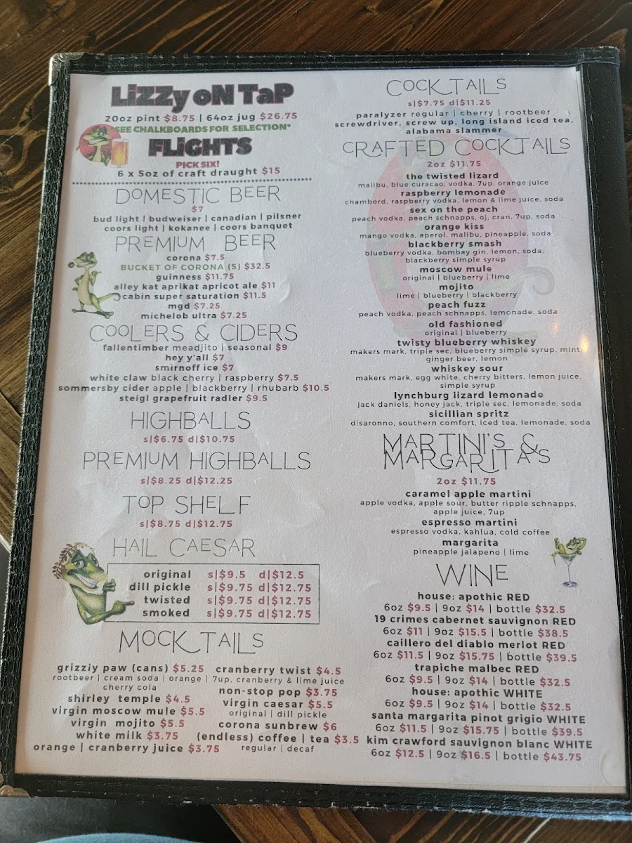 Menu, The Twisted Lizard