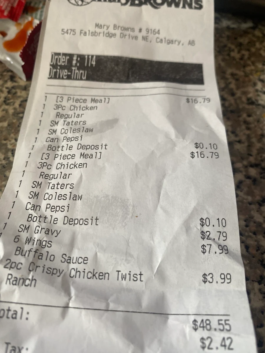 Menu, Mary Brown's Chicken