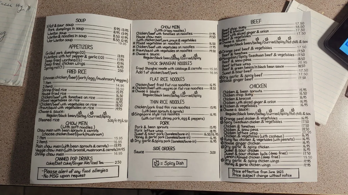 Menu, Fong's Eatery