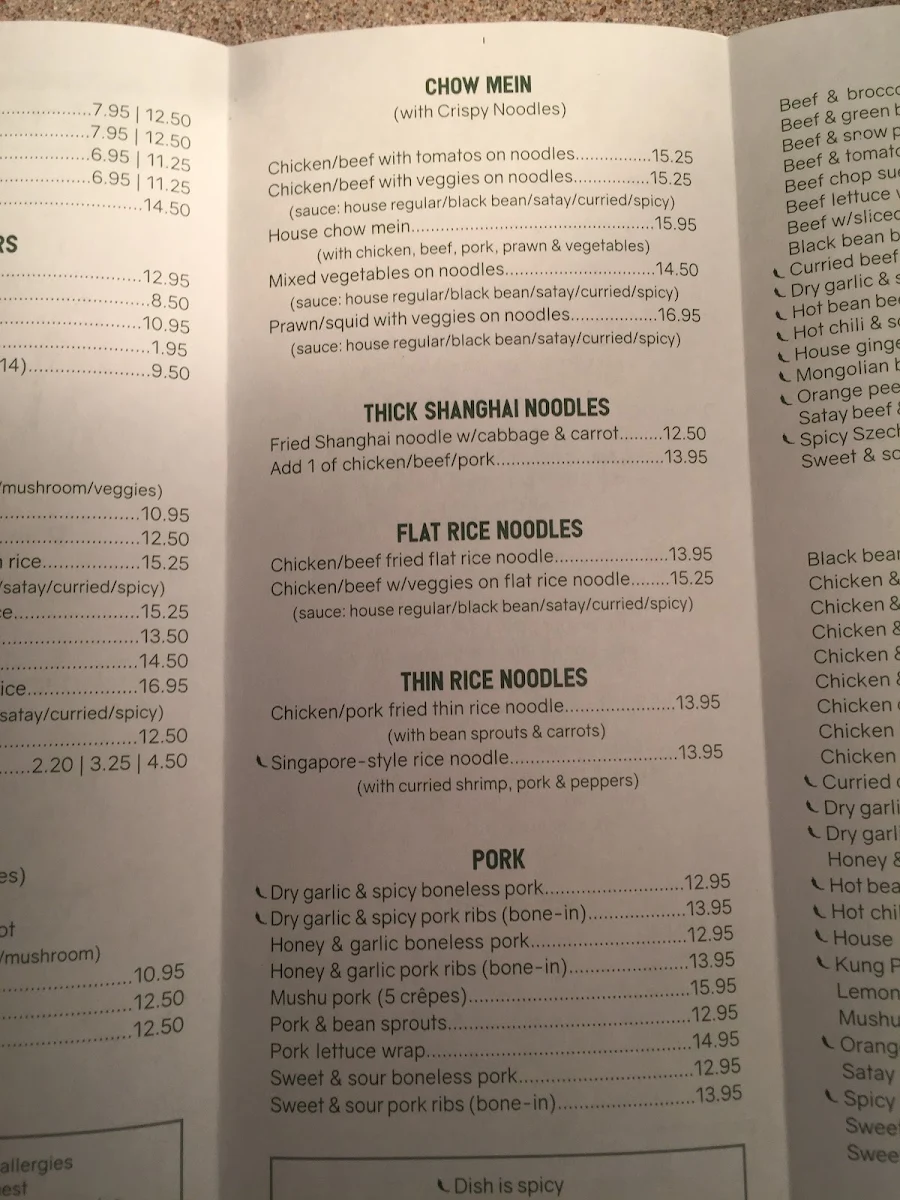 Menu, Fong's Eatery