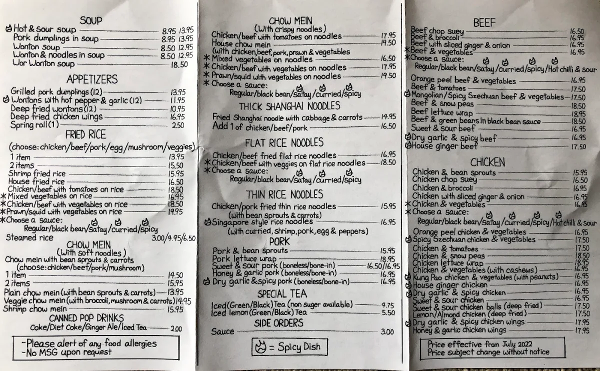 Menu, Fong's Eatery