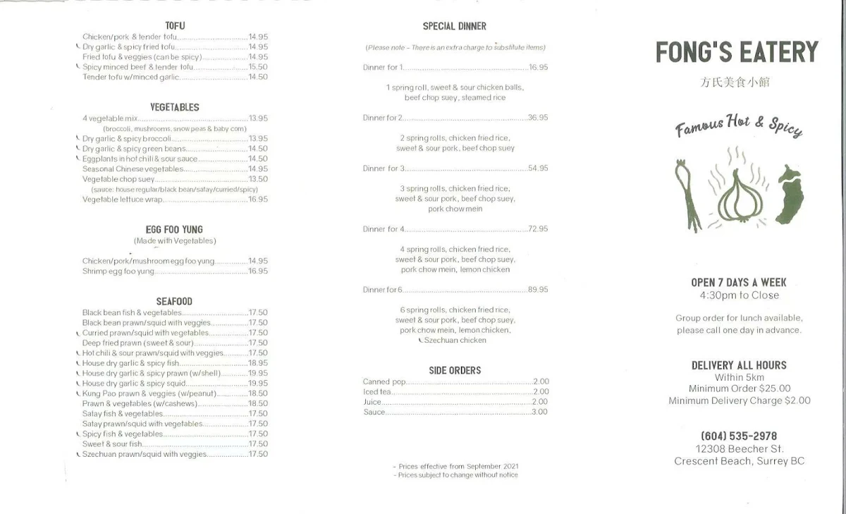 Menu, Fong's Eatery