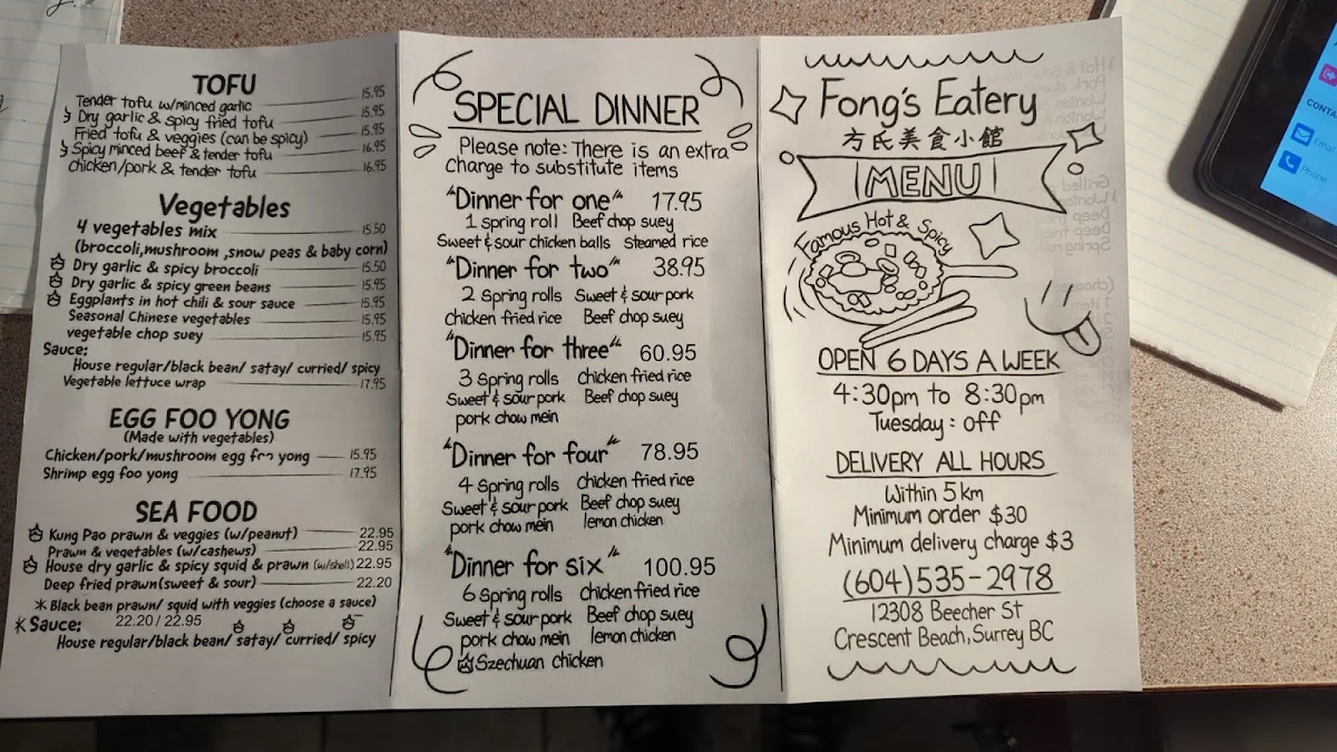 Menu, Fong's Eatery