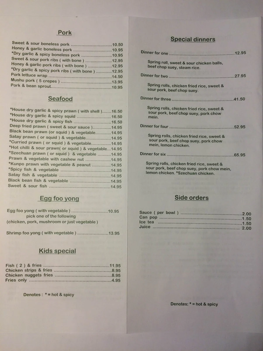 Menu, Fong's Eatery