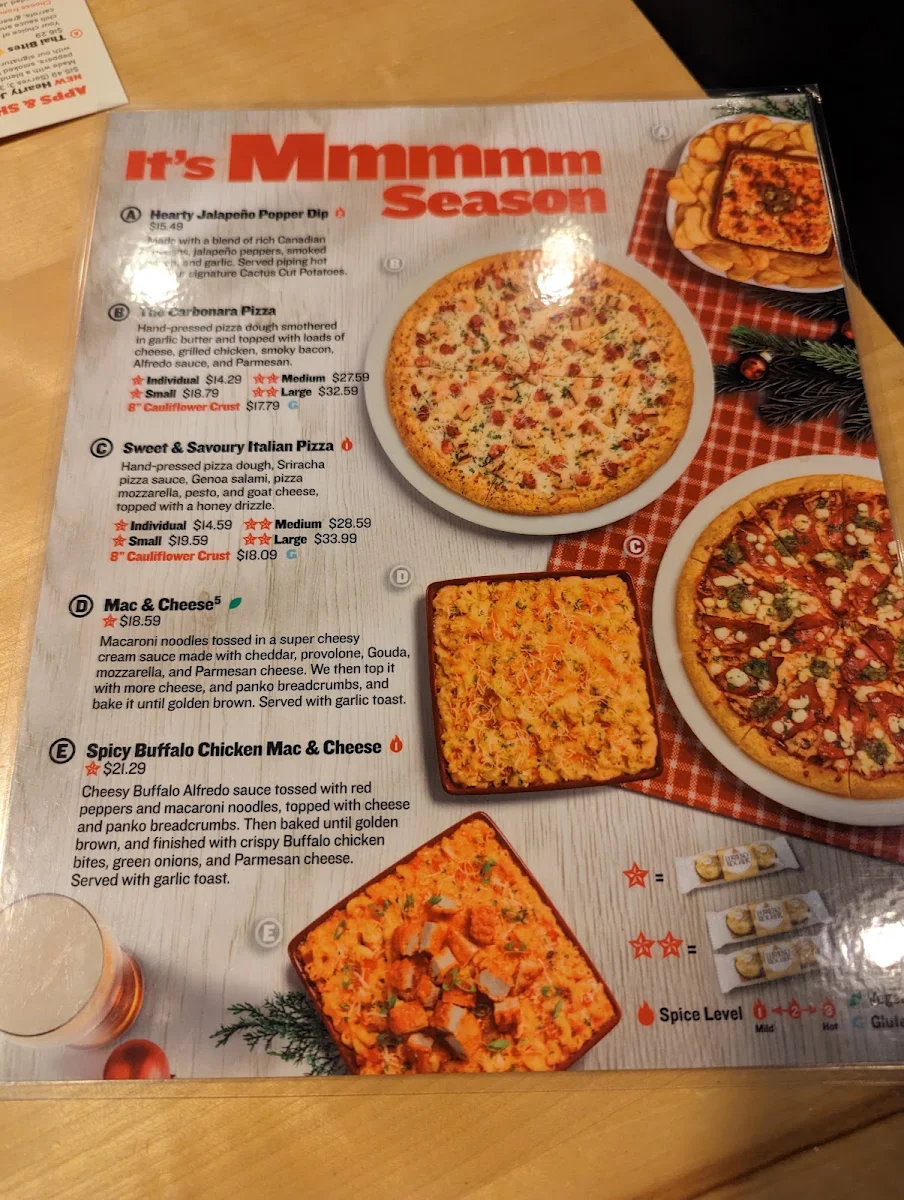 Menu, Boston Pizza