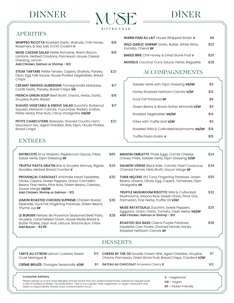 Menu, Muse Bistro + Bar