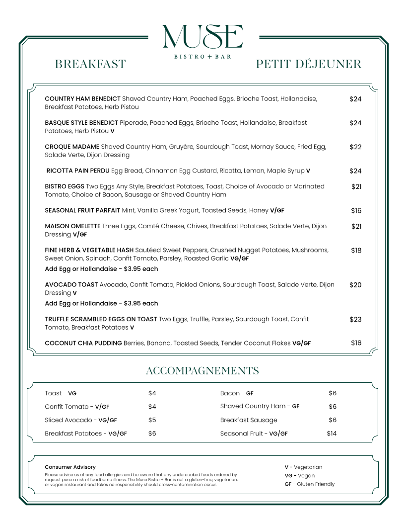 Menu, Muse Bistro + Bar