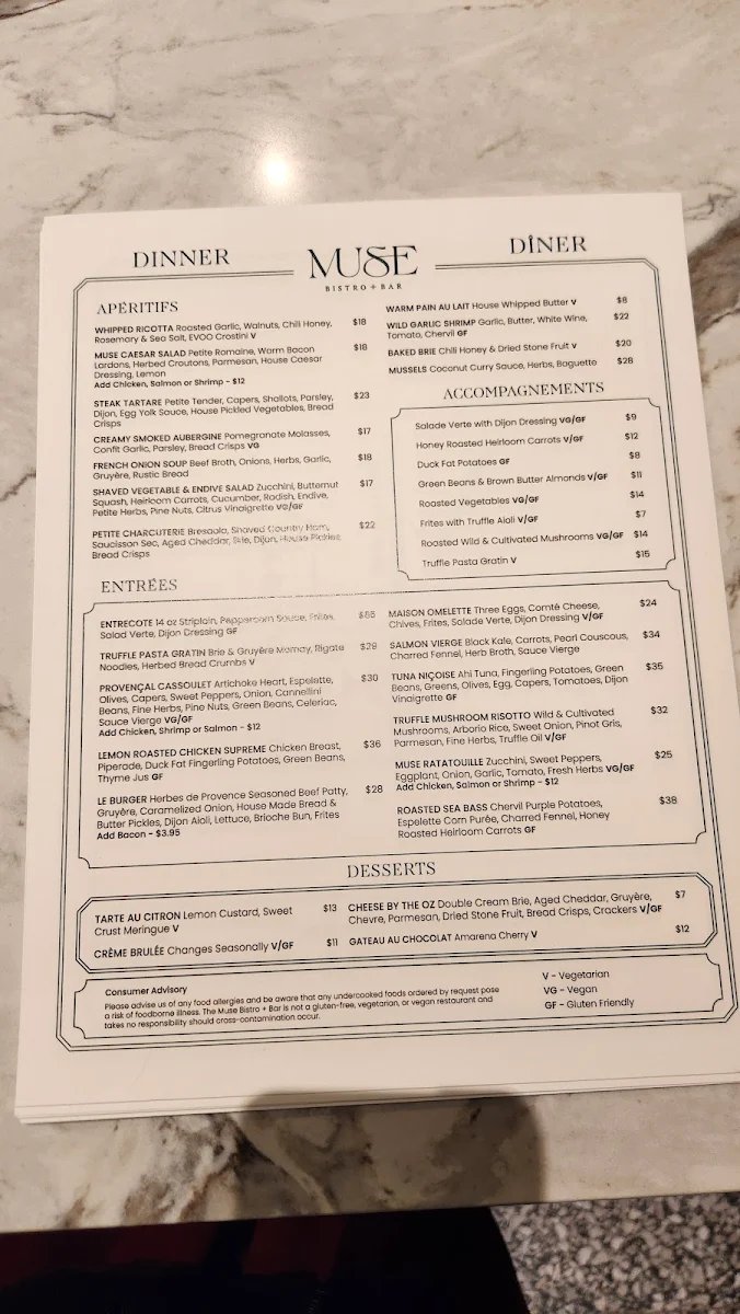 Menu, Muse Bistro + Bar