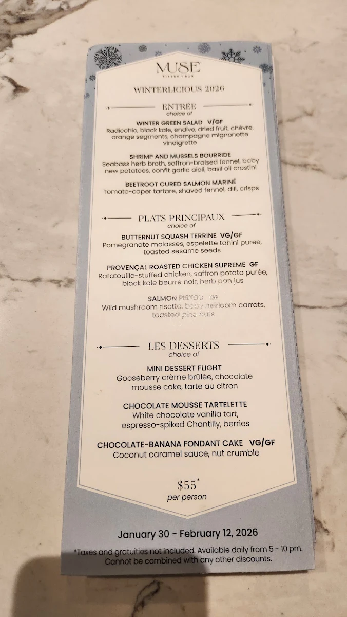 Menu, Muse Bistro + Bar