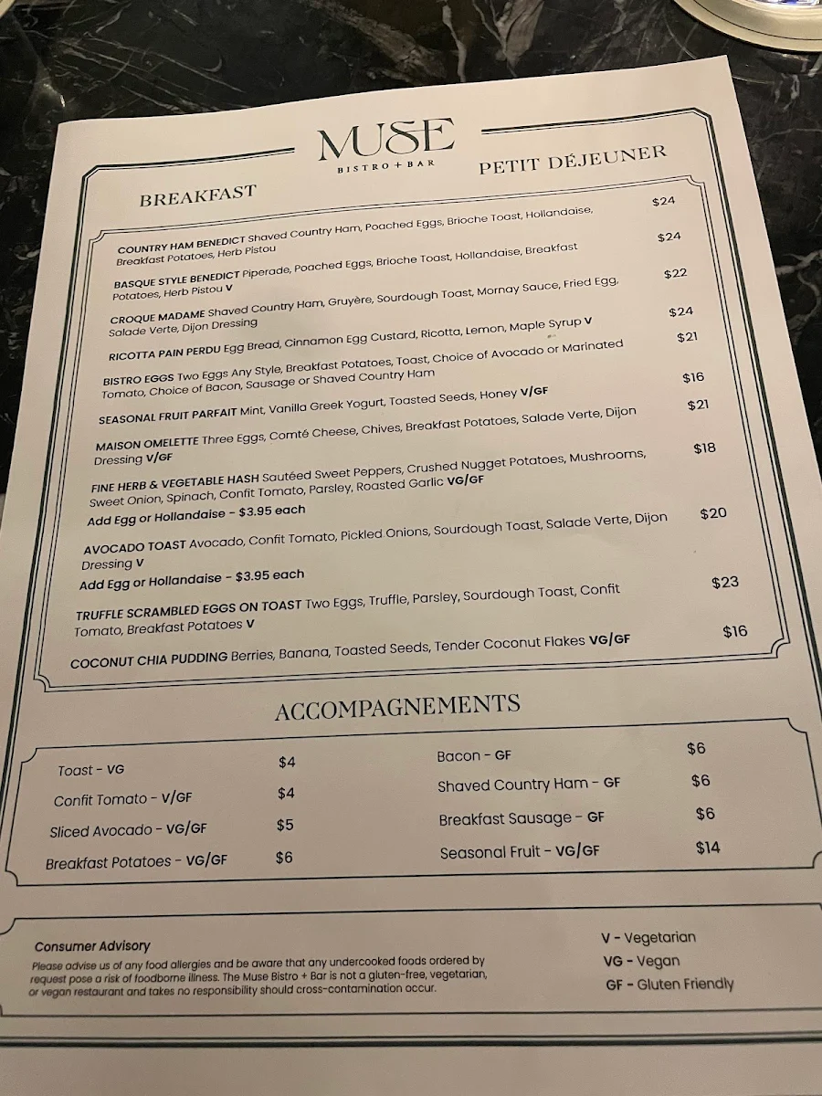 Menu, Muse Bistro + Bar