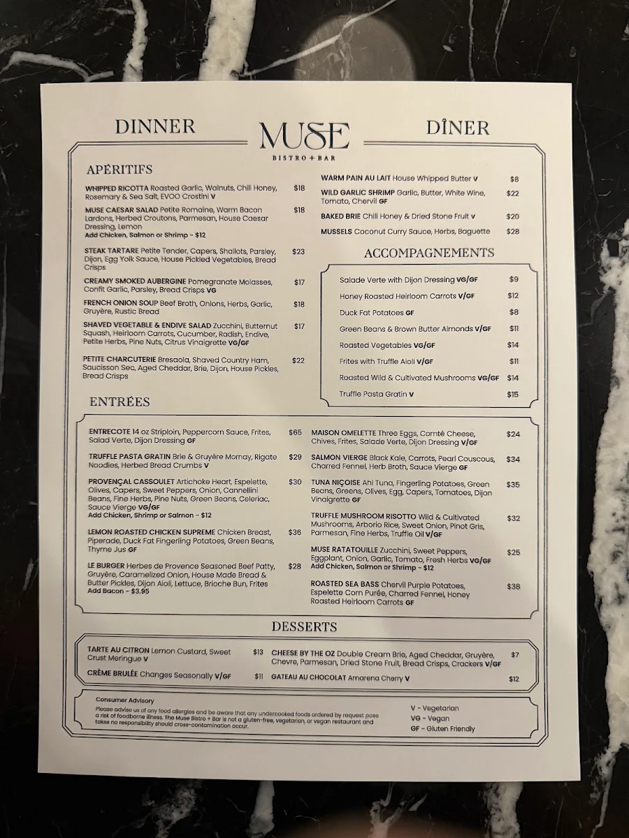Menu, Muse Bistro + Bar