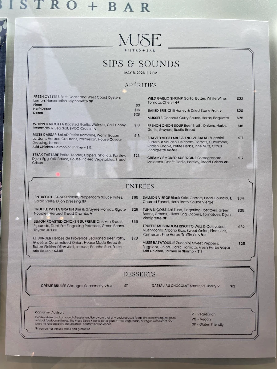 Menu, Muse Bistro + Bar