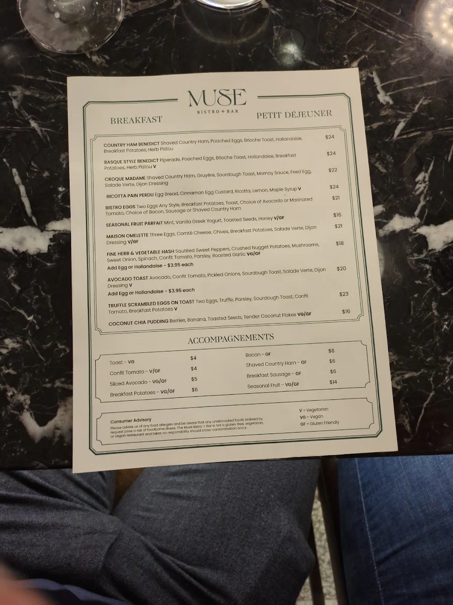 Menu, Muse Bistro + Bar