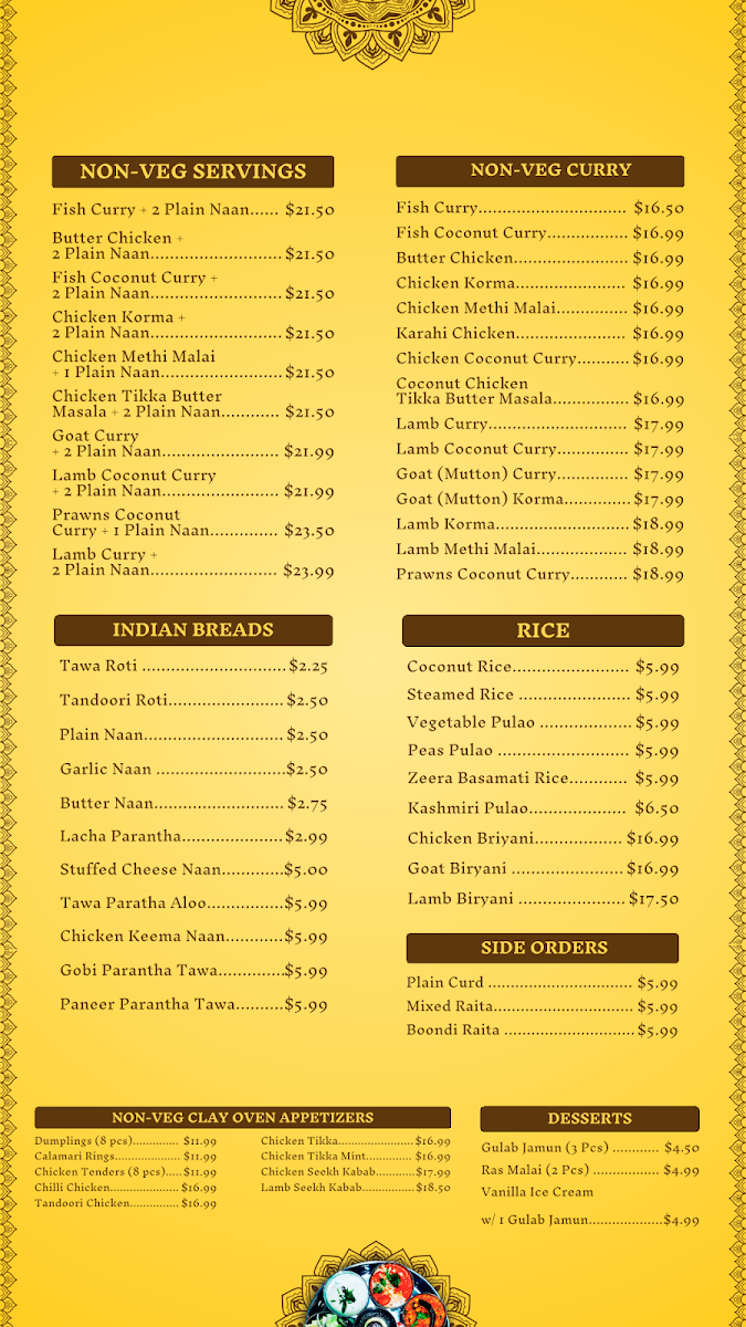 Menu, Indian Courtyard Restaurant Ltd