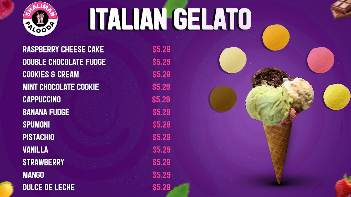 Menu, Shalimar Falooda