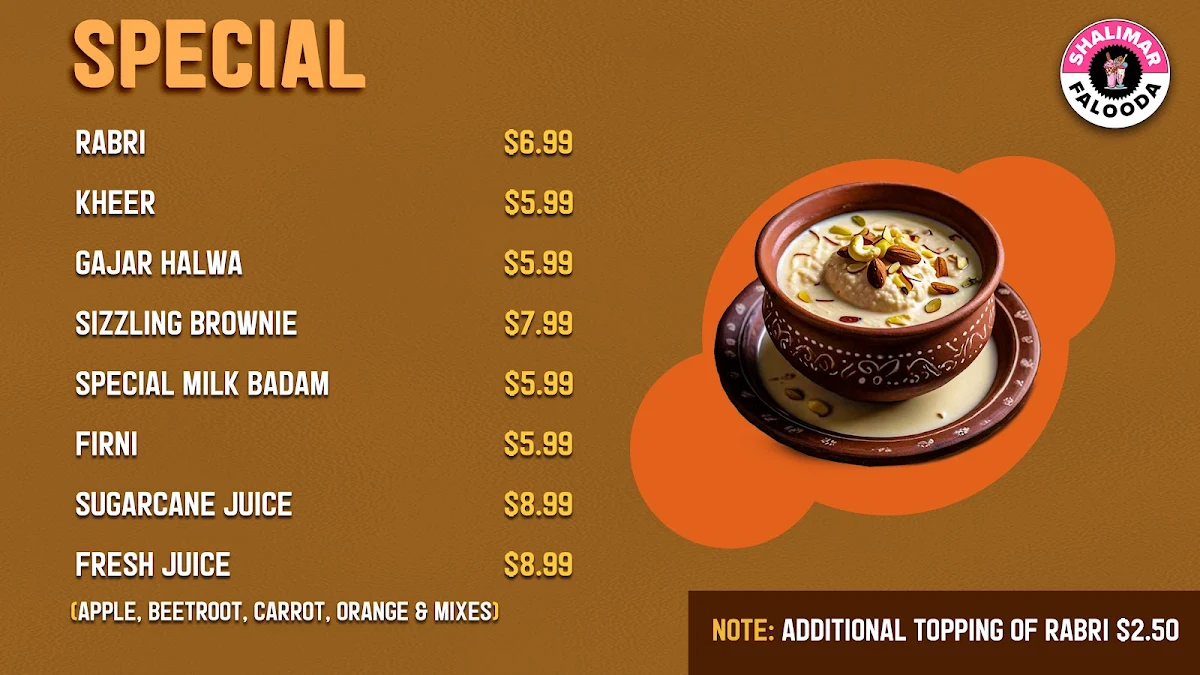 Menu, Shalimar Falooda