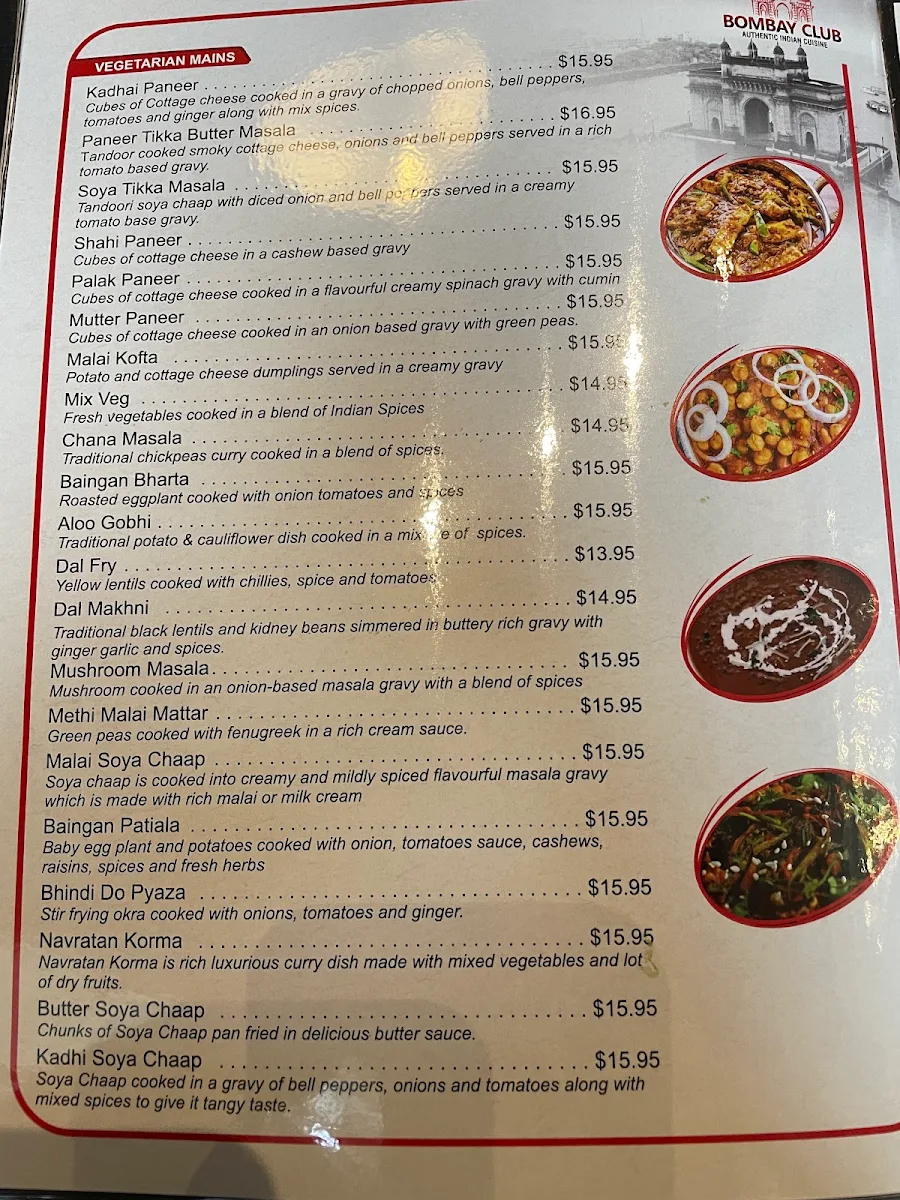Menu, Bombay Club