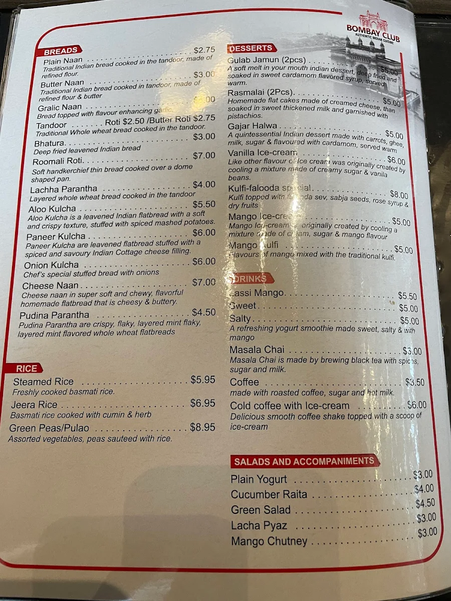 Menu, Bombay Club
