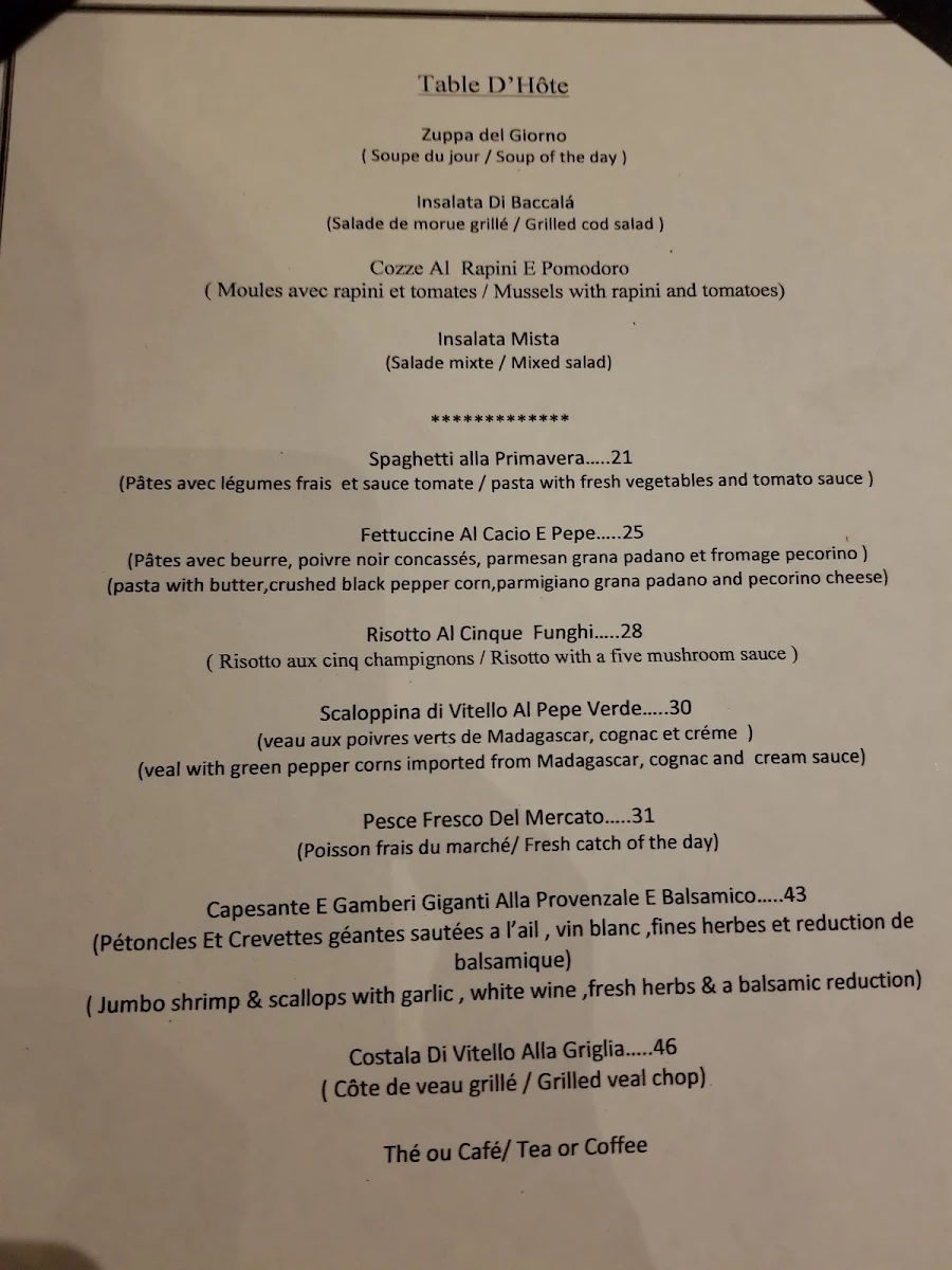 Menu, La Serenata Restaurant