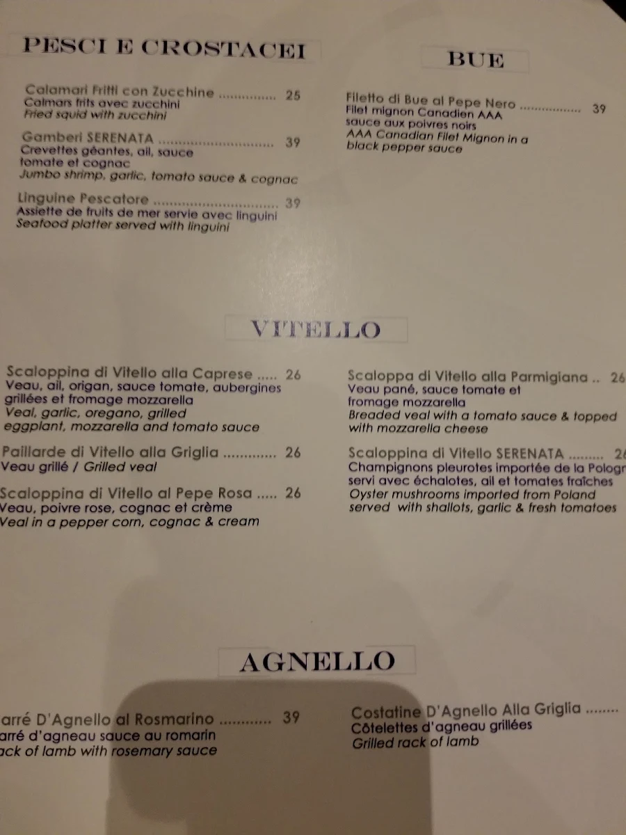 Menu, La Serenata Restaurant