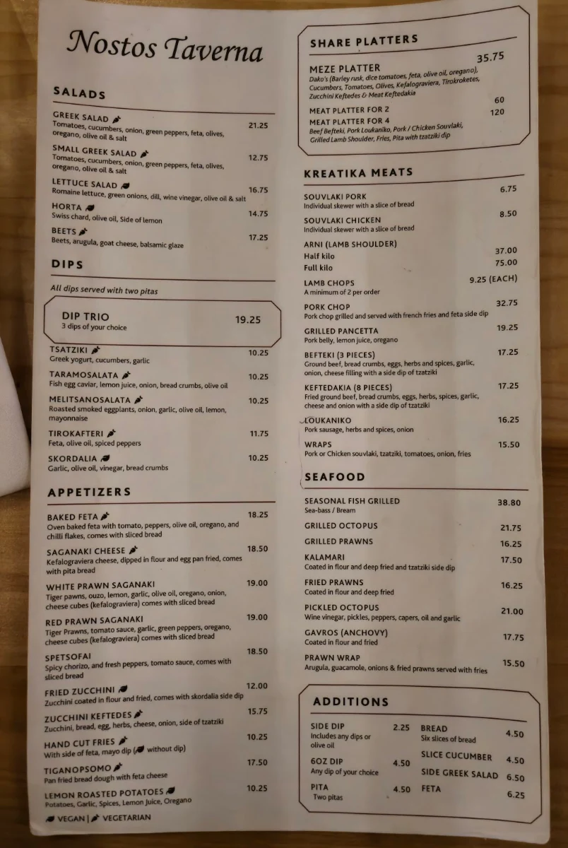 Menu, Nostos Taverna