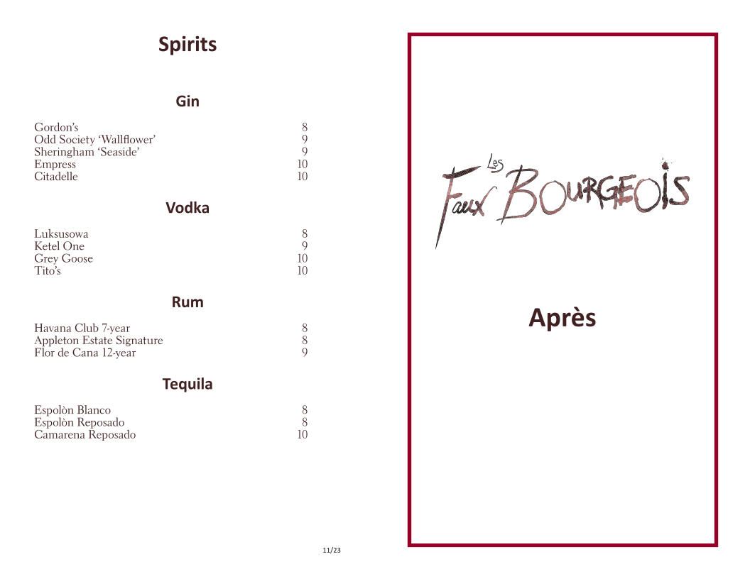 Menu, Les Faux Bourgeois
