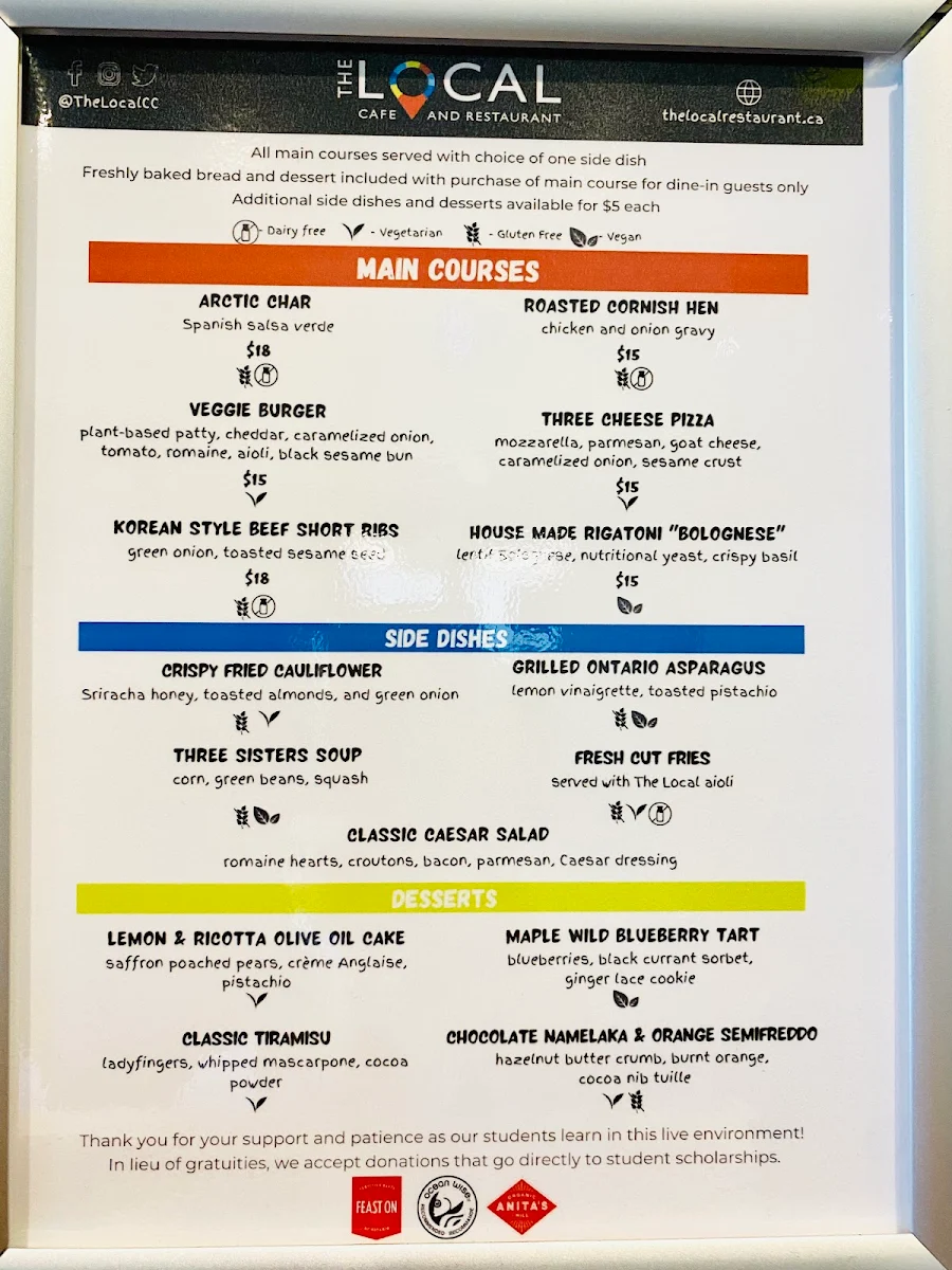 Menu, The Local Cafe and Restaurant