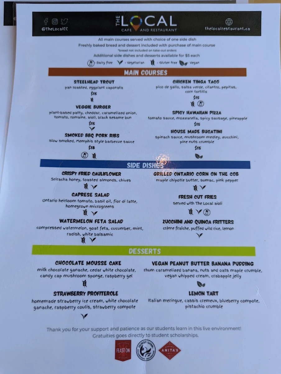 Menu, The Local Cafe and Restaurant