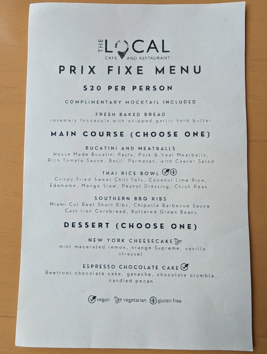 Menu, The Local Cafe and Restaurant
