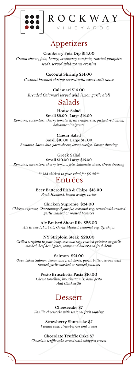 Menu, Rockway Vineyards Restaurant: Windows on Rockway